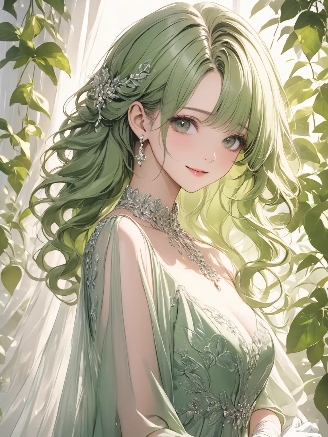 (close-up, Face-Focused Portrait)) Elegant and sophisticated woman, long wavy green hair, Elegant Long Dress, Melon Pattern Design, kind smile,  Graceful Gestures , A soft and gentle atmosphere, white gloves, Subdued Color Scheme, upscale background ,  dre...