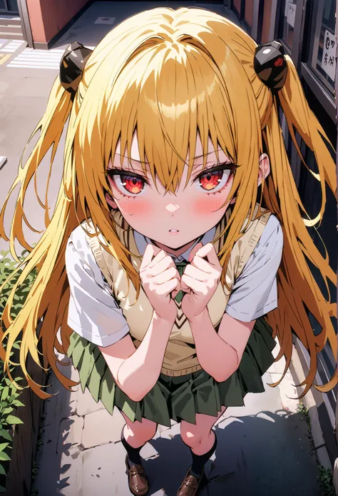  score_9,  score_8_up,  score_7_up,  source_anime,
toloverudarkness, darkness,   yellow hair  ,  long hair, red eyes, hair ornaments close to the garden, two side up,
Sainan school uniform,  shirt, white  shirt, bow, green bow,  skirt, green  skirt, pleate...