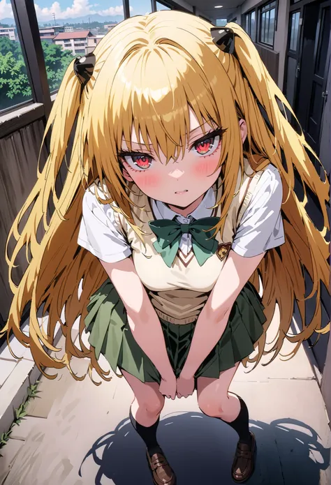  score_9,  score_8_up,  score_7_up,  source_anime,
toloverudarkness, darkness,   yellow hair  ,  long hair, red eyes, hair ornaments close to the garden, two side up,
Sainan school uniform,  shirt, white  shirt, bow, green bow,  skirt, green  skirt, pleate...