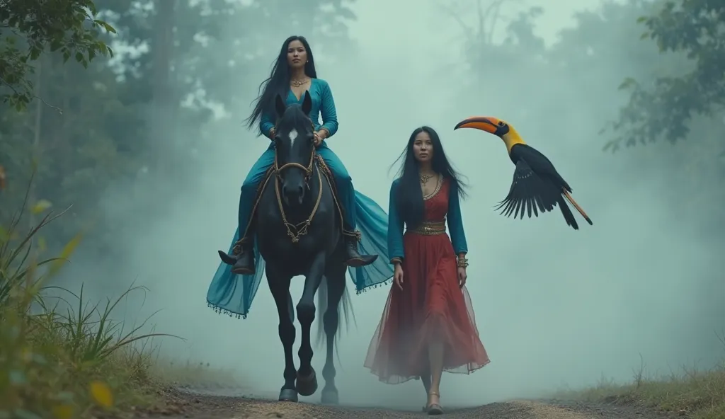 Cinematic Style     
The mist serpent dissolves into mist. Princess (A Malaysian woman with long black hair is wearing a long tribal-looking dress that is blue on top, has a long-sleeved dress, and a red dress on the bottom) strides forward with a powerful...