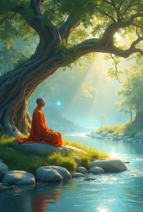  green bright water river, buddh  in orange dress sitting on rock  under big tree and its roots touching river,white round rocks  , green grass, sunlight on buddha and blue light shining 