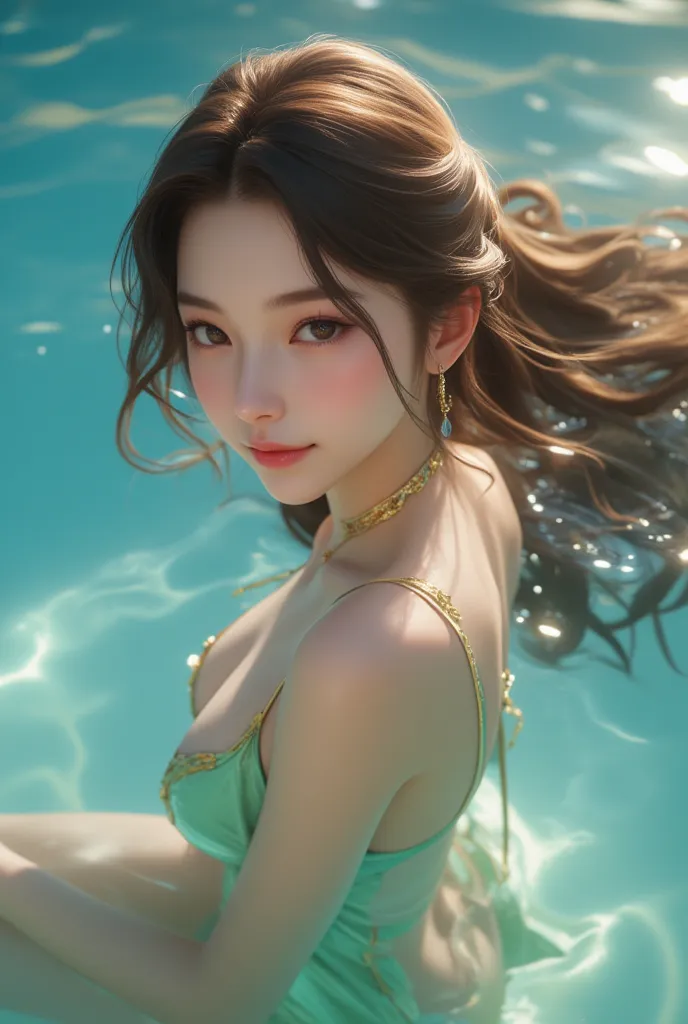 "A breathtaking digital painting of a stunning young woman with long, flowing brown hair, gracefully floating in a crystal-clear blue pool. She wears an elegant light green swimsuit with intricate gold accents, designed to highlight her curves tastefully. ...