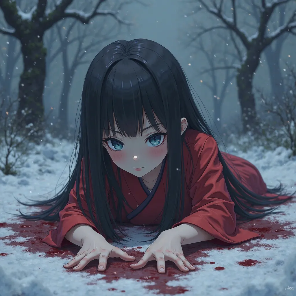 Anime girl long straight black hair with bangs blue eyes dressed in a red kimono she is in the snow lying face down intense getting up , There is blood everywhere , is cloudy and a little dark 