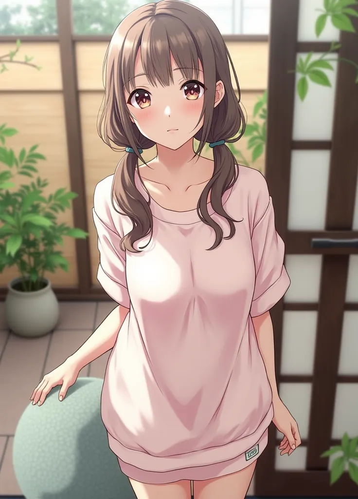 (enormous clothed breasts: 1.3), (long hair: 1) (cleavage: 1.3), (extremely soft: 1.3), (little  girl: 1.3), (11-years-old girl: 1.3), (petite), (jersey-knit skirt), (jersey-knit top: 1.2), (loose-fitting clothes: 1.2), (comfort), (in a japanese garden), (...