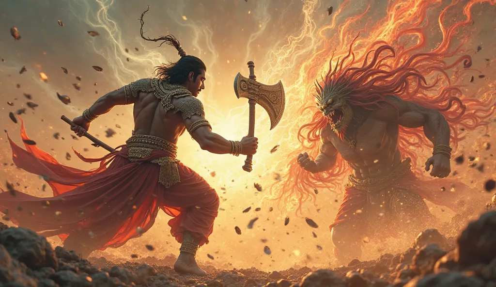 A verry clear 4k ultra HD dynamic image on' Decisive Victory – Severing the Arms:
"Capture the climactic moment where Parshuram, using his superior strategy and unparalleled martial skills, slices through all the arms of Sahasrabahu with his mighty Parshu....