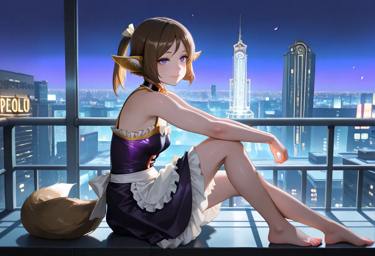 (score_9, score_8_up, score_7_up), 1girl, solo, perfumer, bare arms, bare shoulders, barefoot, fox tail, waist apron, smile, closed mouth, neon lights, skyscraper, night, railing, sitting, from side, rooftop, petals, ,PhotorealiStic Background, beSt qualit...