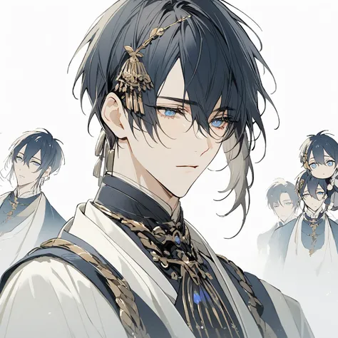 1 men , mikazuki munechika(Touken Ranbu), (((chibi))), ikemen,dark blue short hair,blue eyes,hair ornamant,(((full body))),Icon, sad,Various Expressions, White Background, 