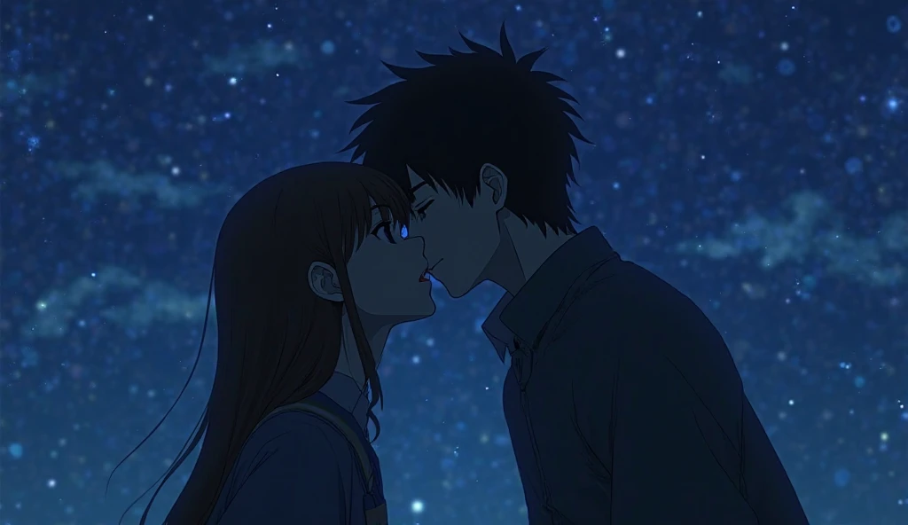 A high school girl wearing blue tones and an affectionate, handsome college guy with black hair kissing each other, The character is shown only in black silhouettes, and,  is night ,  Japanese Anime Picture