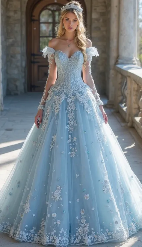 A breathtaking Cinderella-inspired wedding dress, designed with an ethereal light blue satin base, embellished with intricate silver embroidery and tiny glass bead accents that shimmer like stardust. The dress features a corset-style bodice with delicate l...