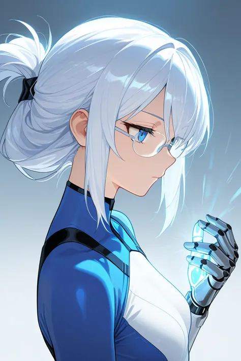  blue undersuit, prosthetic hand, white long hair, expressionless glasses, laboratory background