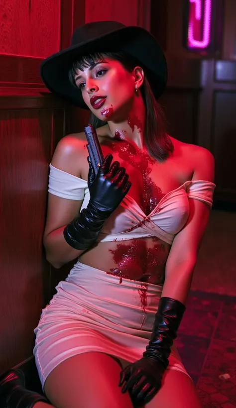 female spy sitting on the gloor (leaning against a wall) mortally wounded and bloodied in a nightclub. She has gunshot wounds in her chest, belly, neck and flank. She is bleeding profusely from her wounds. She is wearing an off white off shoulder body hugg...