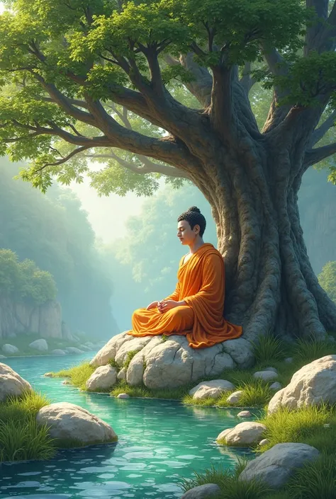 Lord buddha in orange dress sitting on rock  under big tree and its roots touching river, green bright water river,white round rocks  , green grass, sunlight on buddha and blue light shining 