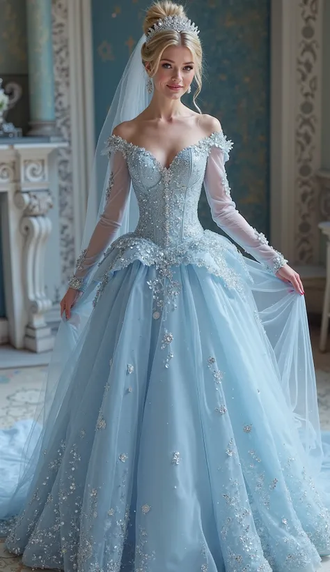 A breathtaking Cinderella-inspired wedding dress, designed with an ethereal light blue satin base, embellished with intricate silver embroidery and tiny glass bead accents that shimmer like stardust. The dress features a corset-style bodice with delicate l...