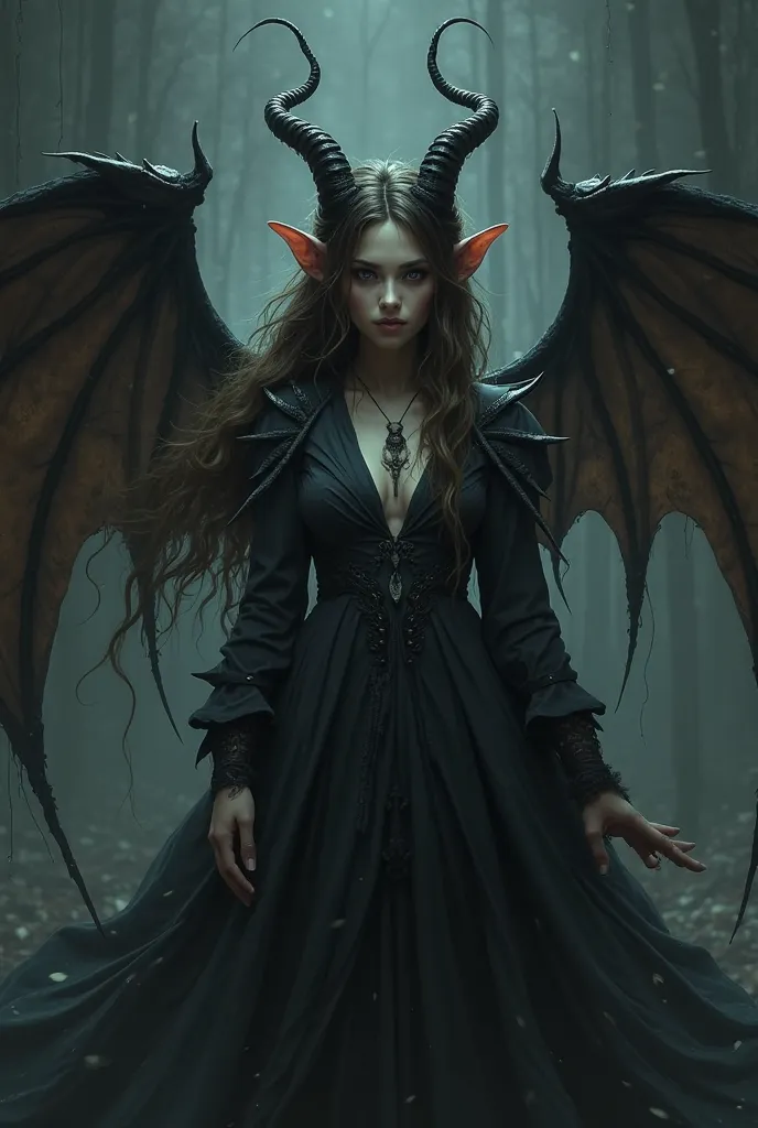 female women with horns black clothes elf ears bat wings