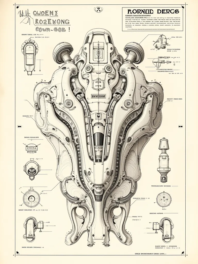 Full page concept design of an organic robotic device, Steampunk Blueprints, Intricate details, Ink on paper, scientific, Highly detailed labels, Poster,
