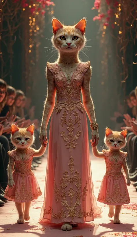 "Create a surreal and elegant runway fashion show featuring anthropomorphic cats. The main cat model wears a stunning emerald pink gown with intricate gold embroidery, walking gracefully down the catwalk. Two smaller cat models in matching outfits hold the...