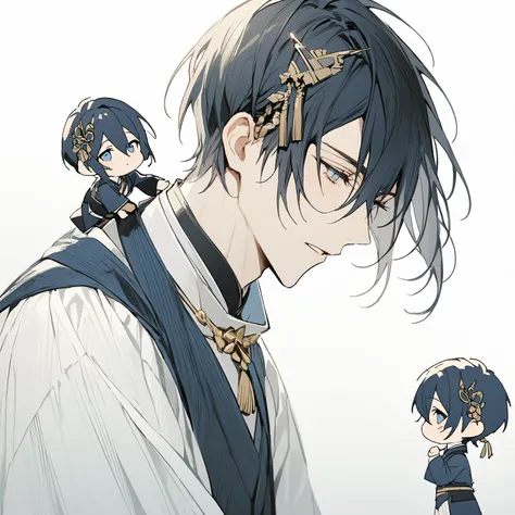 1 men , mikazuki munechika(Touken Ranbu), (((chibi))), ikemen,dark blue short hair,blue eyes,hair ornamant,(((full body))),Icon, sad,Various Expressions, White Background, 