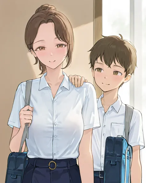 1Boy,  Brown Hair , Brown eyes 
Short hair. Soft light,  High Profile , of the best quality,  Busty School Uniform Bag School Smiling Look At The Spectator, good weather