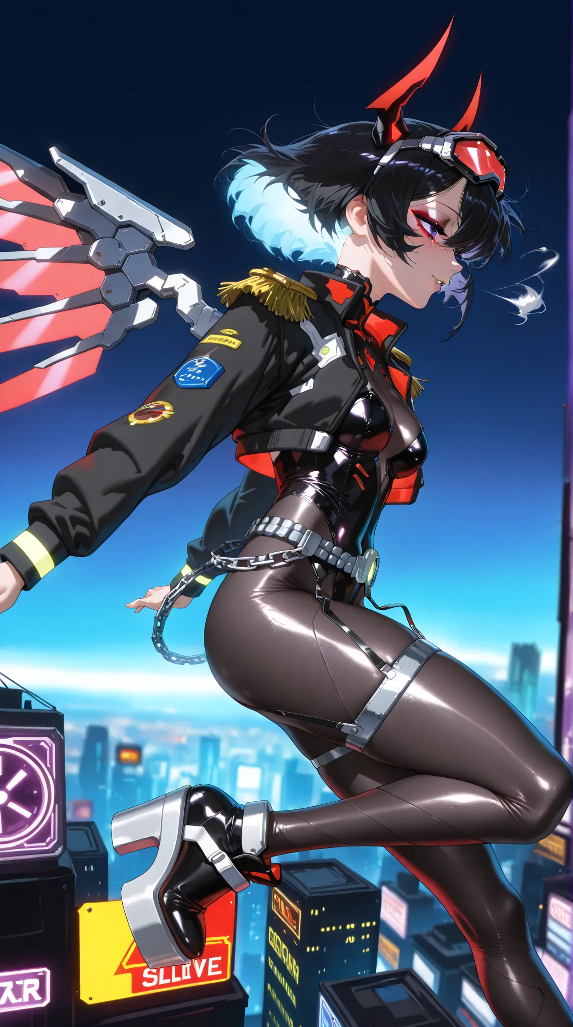 1 mature woman, (incredible high resolution, masterpiece, top quality, highly detailed, CG, high quality anime drawing), (devil horns on top of head, mechanical wings that accentuate the cyberpunk look), (cyber-inspired villain costume, design combining fu...