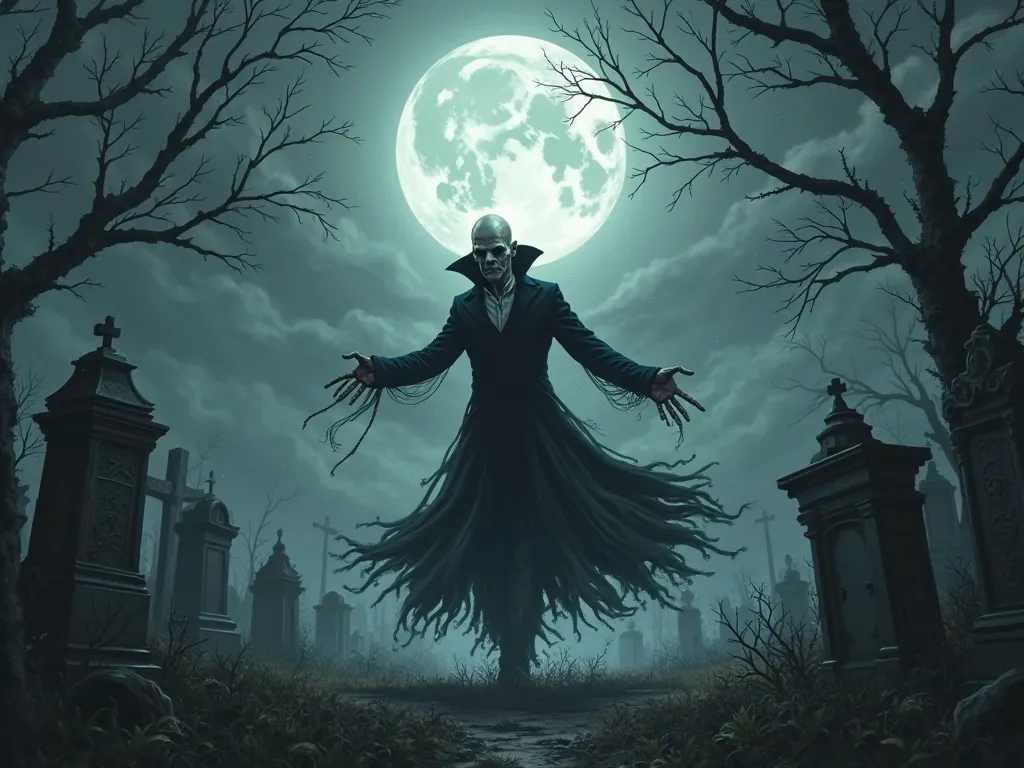 A bald vampire with a very evil face is dancing in the cemetery through the wind. There is a full moon in the sky.