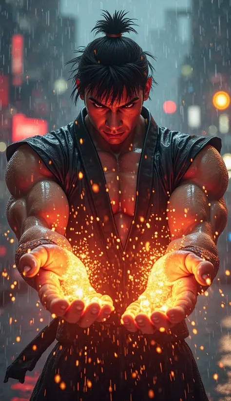 A highly detailed portrait of Ryu from the game Street Fighter, in a black suit and red synthas glowing red eyes furious rainy night focusing on his hands as he prepares the iconic Hadouken attack, with swirling energy and power emanating from his palms, d...