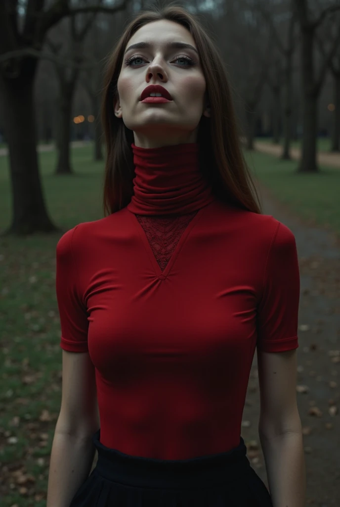 A beautiful woman with an extremely long neck is in the middle of a park on a dark and dark night. She wears a short sleeve red turtleneck made of lycra., of a color that highlights her figure. The collar of the garment is high and tight, remaining complet...