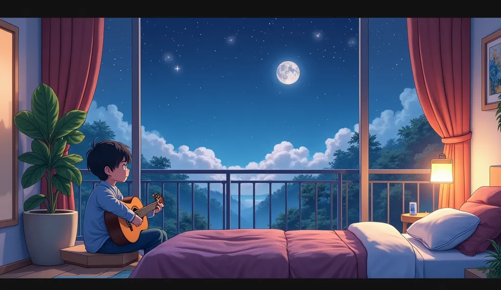 Night Scene, Bedroom , Window, Balcony, Cartoon Style, Scenery, Uhd, 4k, High Resolution, Anime, Moon, boy playing guitar 