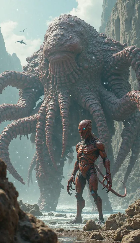 A colossal scorpion man next to a giant octopus 