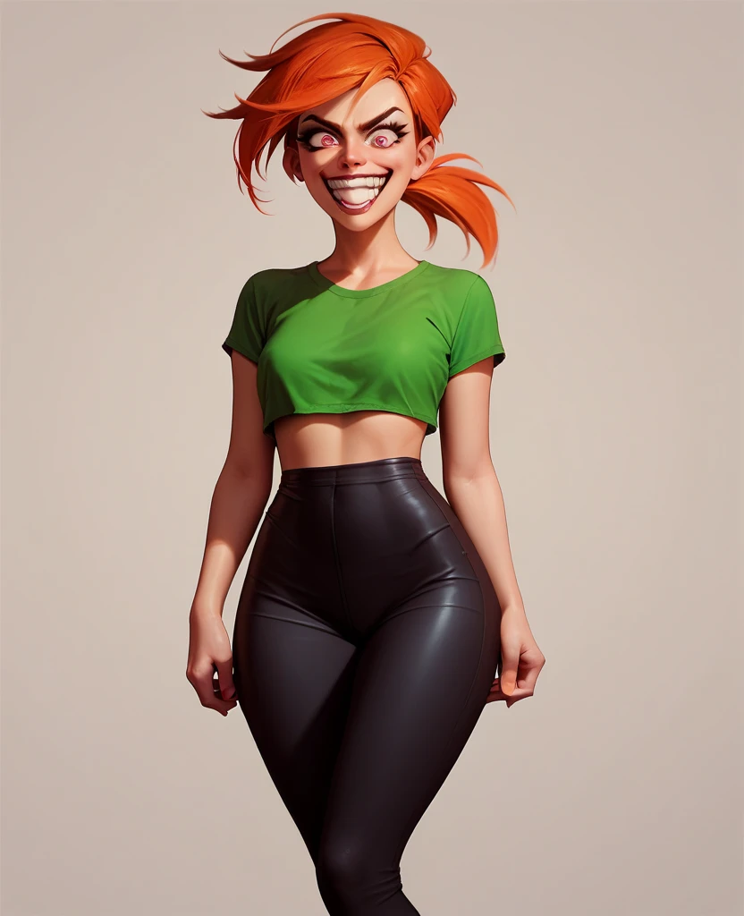 Vicky, green crop-top, black leggings, orange hair, crazy expression, red platform wedges