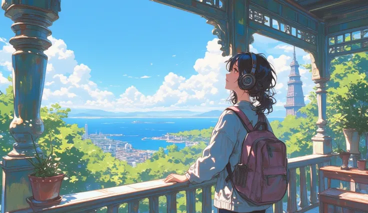 、A woman looking up at the view from a veranda、 I'm wearing headphones 、upper body illustration
