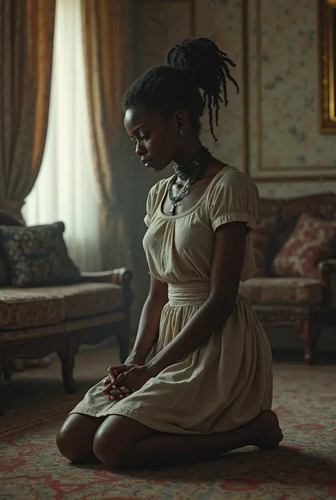 2025 18 year old legal Registered chattel African female house slave. she wear permanent shockcollar with fridchip. she wear slave dystopian maiduniform.  She is in obediently kneeling position on the floor of living room while she waited to be assigned 