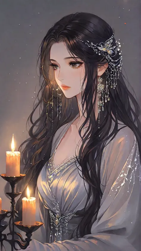 
Masterpiece, Best Quality, Top Quality, Very Detailed, A stunningly elegant young woman with long, wavy dark hair, holding a delicate candle in the dim light. She wears an intricately detailed silver and white gown with lace and gemstone embellishments, e...