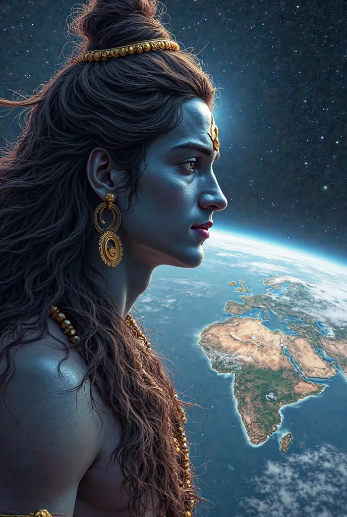 Lord shiva see the india map in earth by space with smile on face
