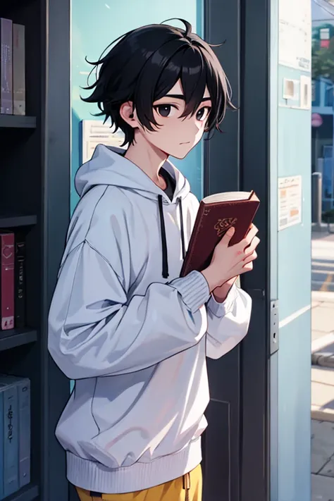 Korean anime male boy with book hairstyle,  black hair and black eyes ,  loose-fitting clothing, white sweatshirt,  white clothes,  headphones,  tender,  big eyes