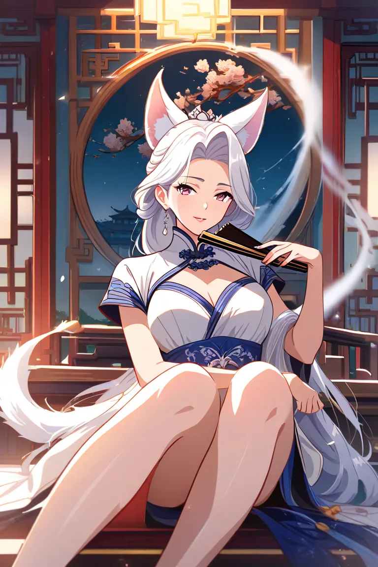 Beauty，mature，tarty，Sexy， White Long Hair，beautiful legs, wears a Chinese costume ，With fox tail and fox ears，Holding a Chinese folding fan，Chinese architecture ，2D anime