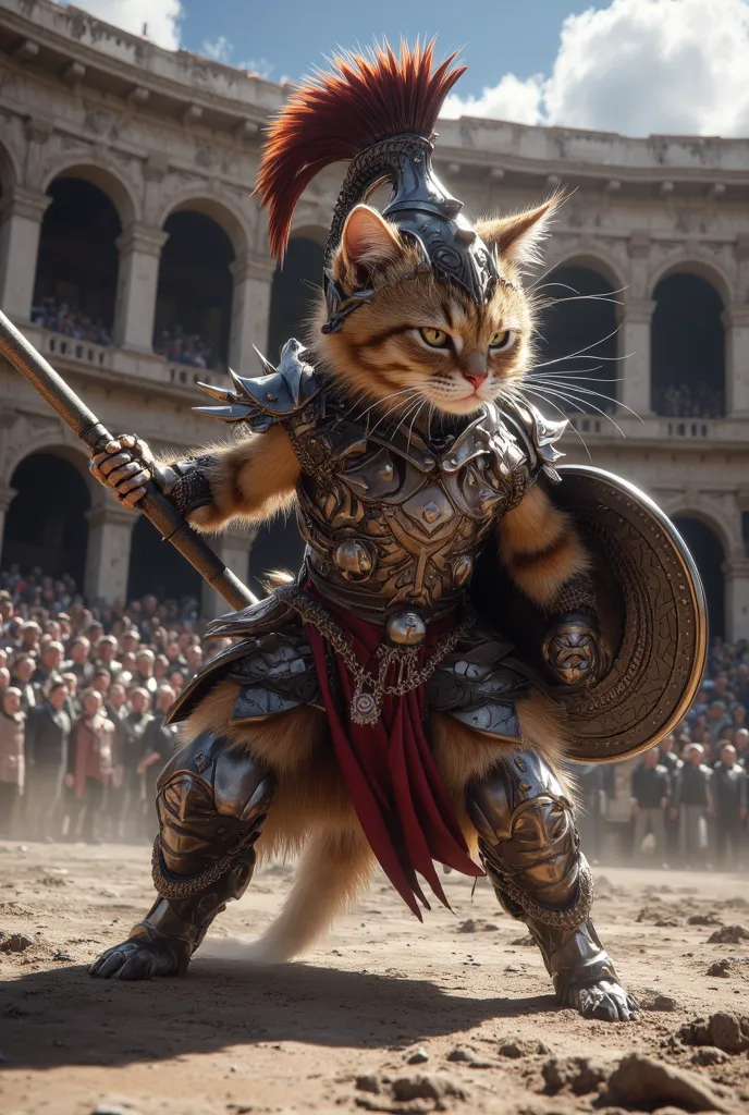 A fierce kitten as a gladiator, wearing spiked leather armor and a helmet with a plume, holding a trident and shield, battling in an ancient colosseum filled with cheering spectators, Roman-inspired aesthetic, dynamic action pose