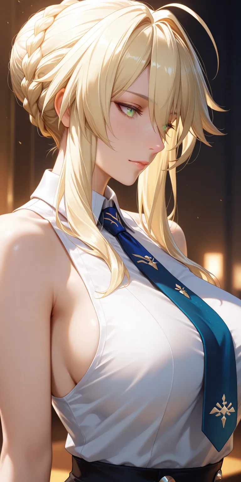 Masterpiece, very aesthetic, vibrant, high contrast, mature woman, milf, artoria pendragon (lancer) (fate), upper body, tie, sleeveless collared shirt, side boobs, soft light, honkai: star rail cg style, best quality, semrealistic 