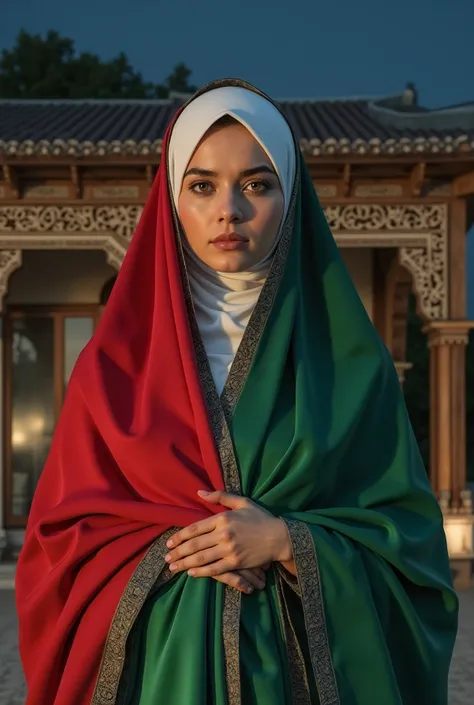 a beautiful woman of about 20 years old in white wearing a hijab and a veil of the Palestinian flag stands at night, Minangkabau custom house background, realistic, ultra high quality, masterpiece