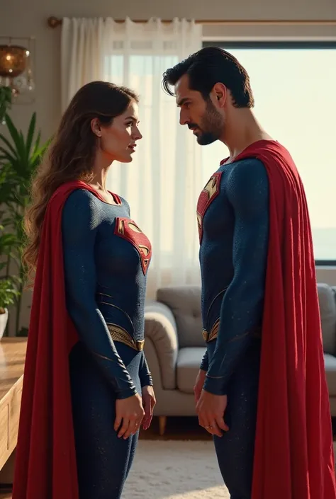 Superman and his wife will both be wearing Superman's iconic blue and red suit with capes flowing. They will be arguing with intense emotions, facing each other, and having a heated discussion. Both characters will have equal presence, with neither oversha...