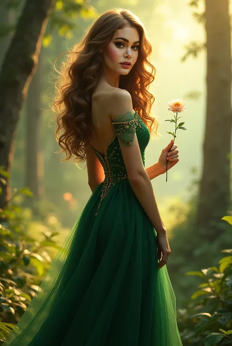 a young woman as a princess wearing a stunning and glowing long dark green dress, she has a long curly brown hair standing in the glowy Manali forest, holding a flower