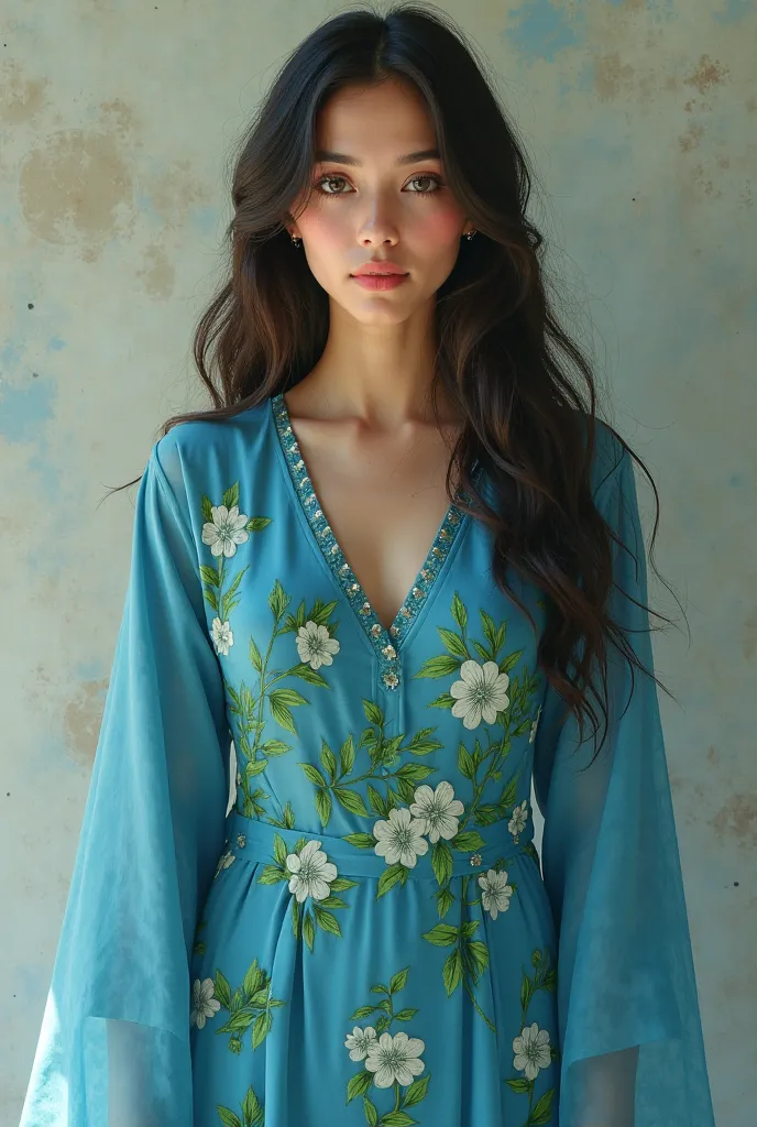 Create a girl wearing blue full sleeves suit/kurti having green colour flowers printed on that suit 