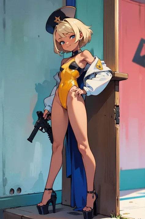 Ten_years_old girl, standing, fullbody, front pose, pixie hair , ((high platform heels)), front pose, looking foward, sleveless, shoulderless, gang girl, street girl, holding gun ,platform heels, ((mini high cute leotard)), sport CAP, gang, ((9 mm pistol))...