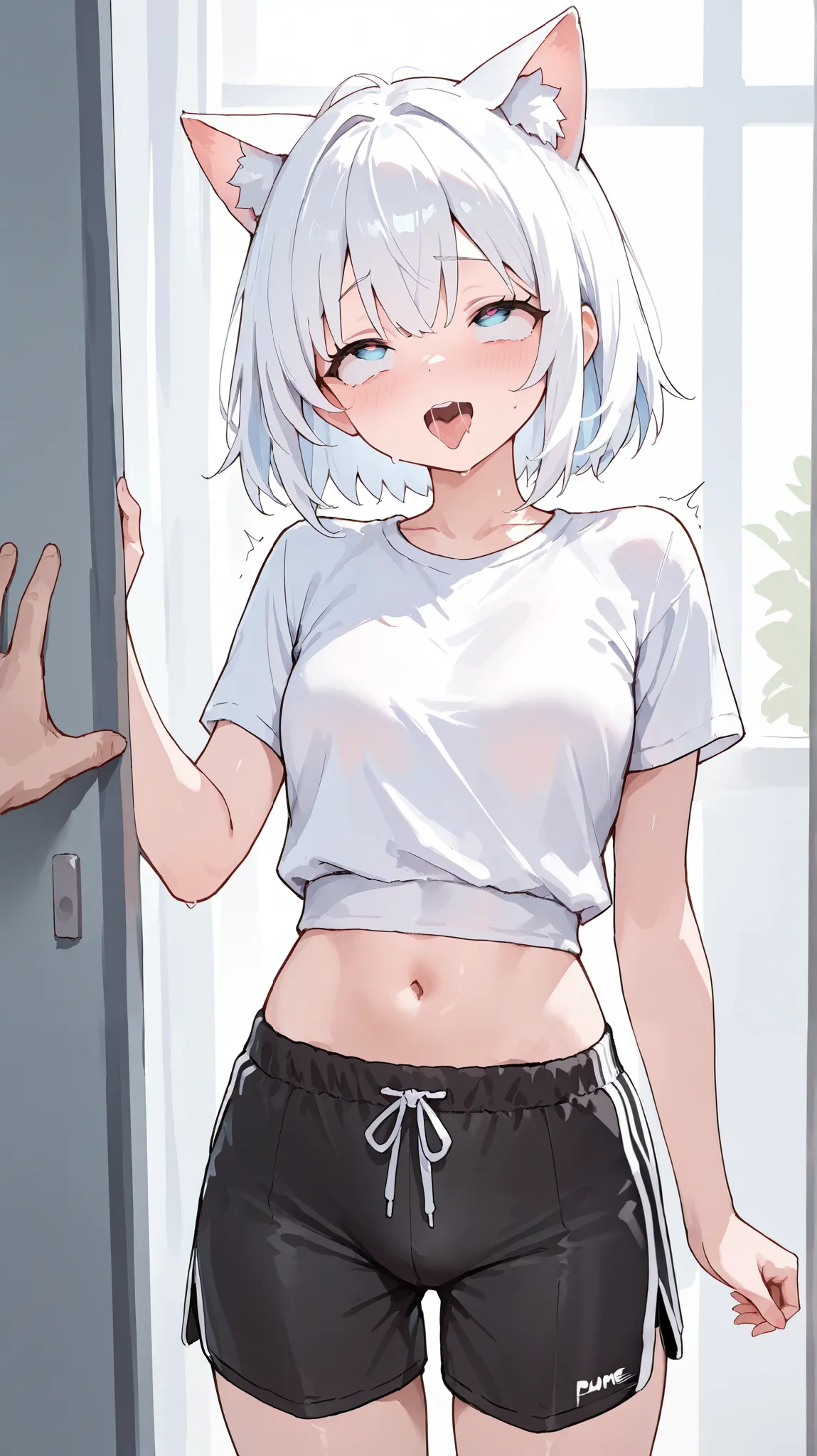 1girl,A girl with short white hair, with cat ears the same color as their hair,  blushed, white sports shirt, black sports shorts, his hand inside his shorts, lump in his pants , stroke, ahegao face