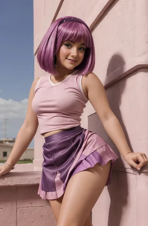 (((  girl))) ,( sexy girl),  Purple denim short skirt and lace tights, Stephanie from lazy town High quality ,Cabello de meñiquis,((Skirt lifting)), (curvilinear, iscote profundo), Pechos grandis, High quality, (is),  behind 