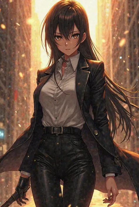 In stylish position,Mikasa Ackerman anime character, black in colour eye, black in colour cout and pant,and  white shirt ,and background sun light fall