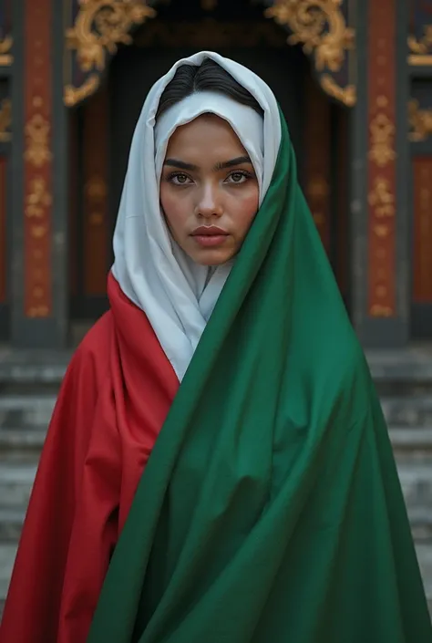 a beautiful woman of about 20 years old in white wearing a hijab and a veil of the Palestinian flag stands at night, Minangkabau custom house background, realistic, ultra high quality, masterpiece