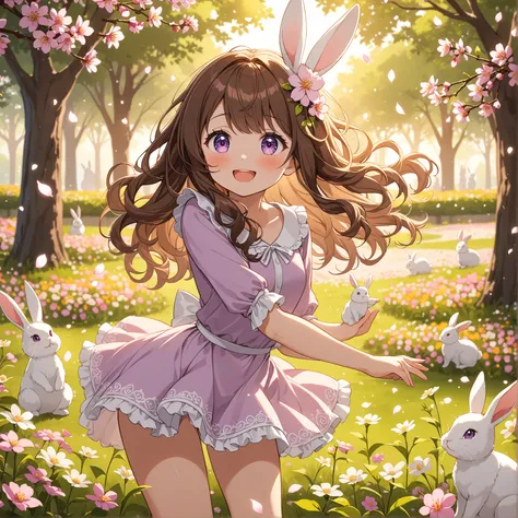 1girl,ager,cuty face,joyful expression,purple eyes,
twinkle smiling,fleshy hips and thighs,
medium hair, brown hair,(detailed hair:1.2),bangs parted from the left side,soft wavy hair,
BREAK,
Flower Fields: Frame the Scene with Blooming Petals, Blossoming B...