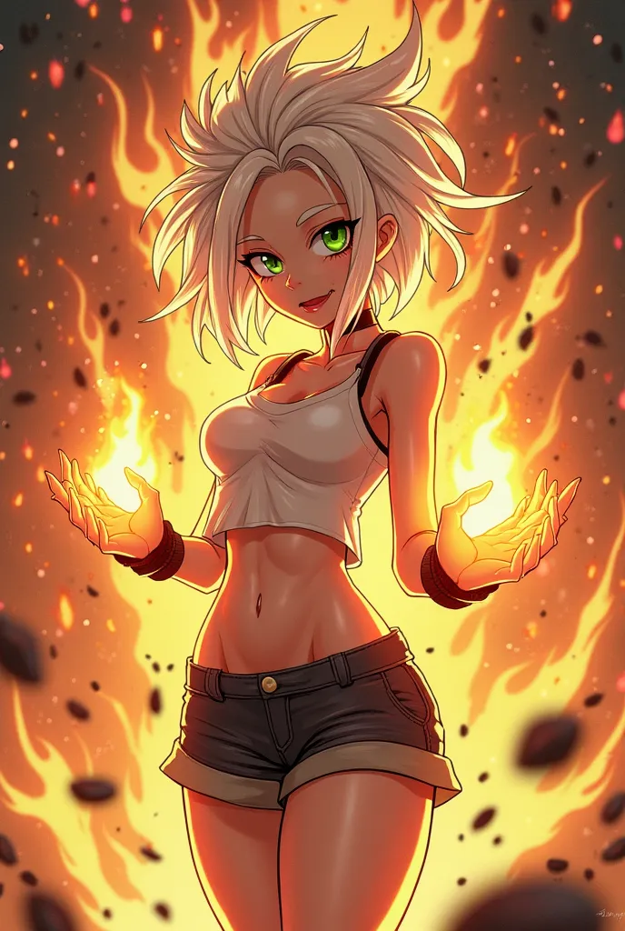 screenshot of my hero, Academia, chica, Angry with raised white hair Her green eyes, His furious expression and of his hands, gives off a fire or a black flame of fire, She is wearing a short short, a white top and some ankle boots have big breasts,  small...