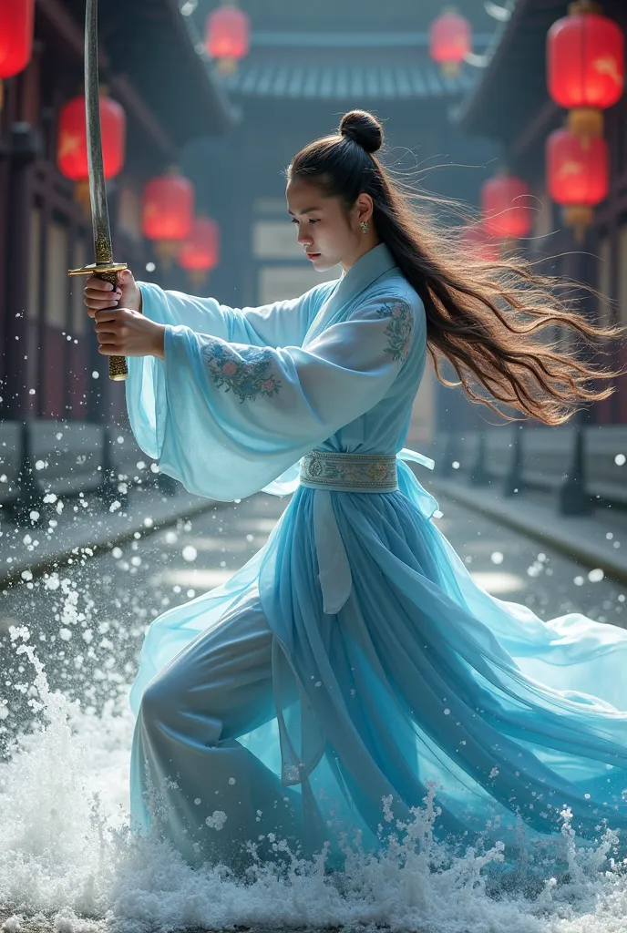  A woman , dressed in traditional Chinese clothes with light blue dresses decorated with floral motifs,  holding a sword . He is in a dynamic fighting position, surrounded by magical looking circular water effects.  Her hair is long and loose , floating as...