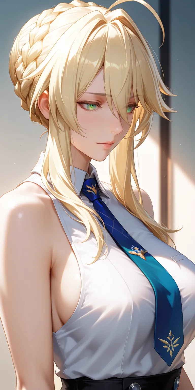 Masterpiece, very aesthetic, vibrant, high contrast, mature woman, milf, artoria pendragon (lancer) (fate), upper body, tie, sleeveless collared shirt, side boobs, soft light, honkai: star rail cg style, best quality, semrealistic 